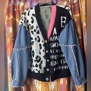 Boutique colorful cardigan with denim sleeves ✨